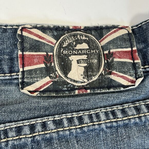 Monarchy Jeans Y2K Mens Size 40 Blue Distressed BootCut Jeans Embroidered Pocket - Picture 2 of 9
